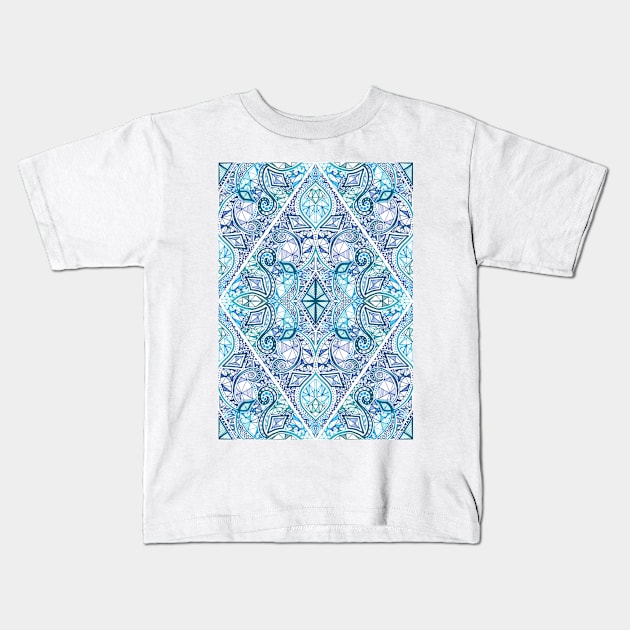 Blue and Teal Diamond Doodle Pattern Kids T-Shirt by micklyn